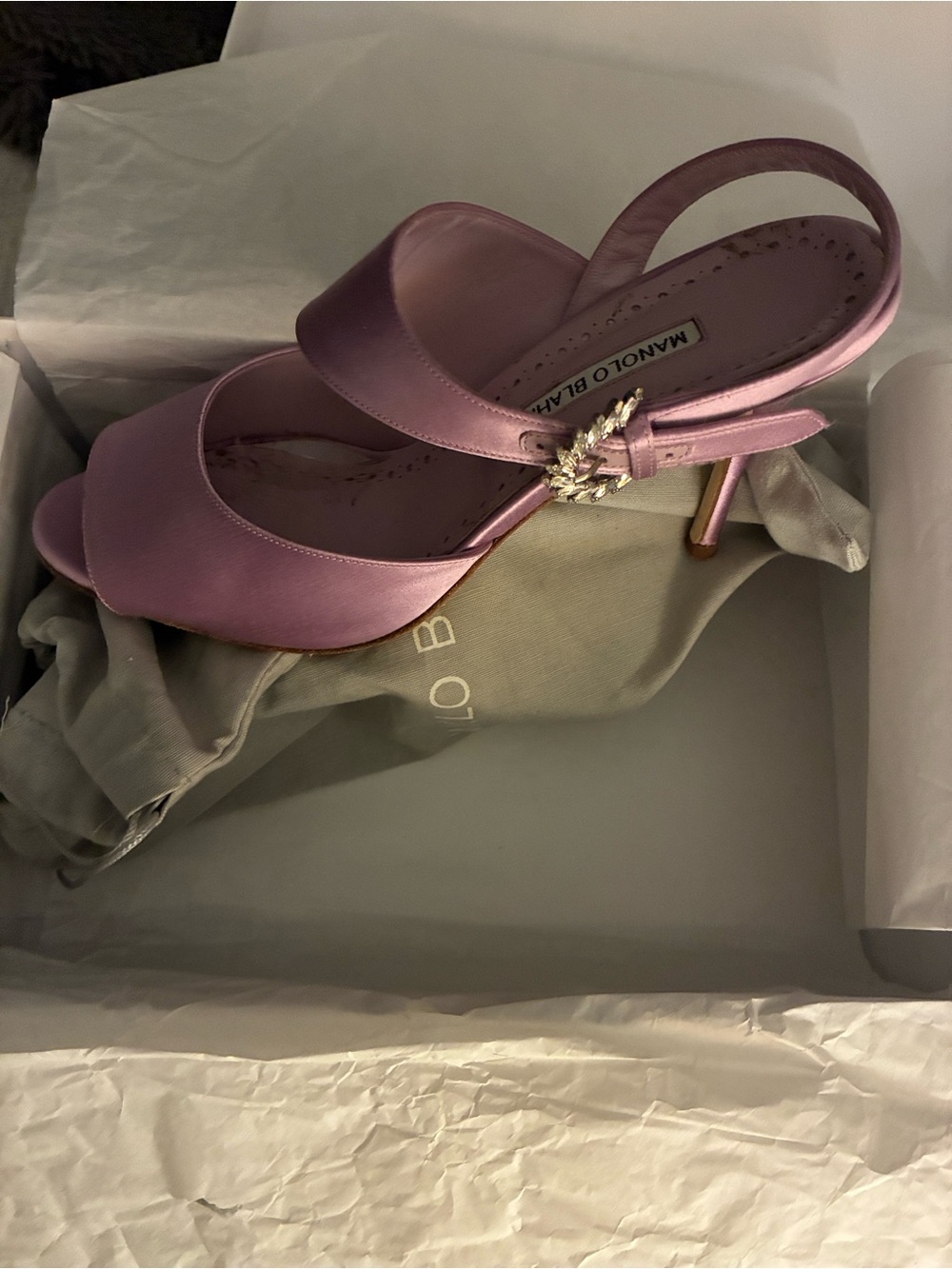 Manolo Blahnik Lavender Pink Satin Slingback Heels with Crystal Buckle